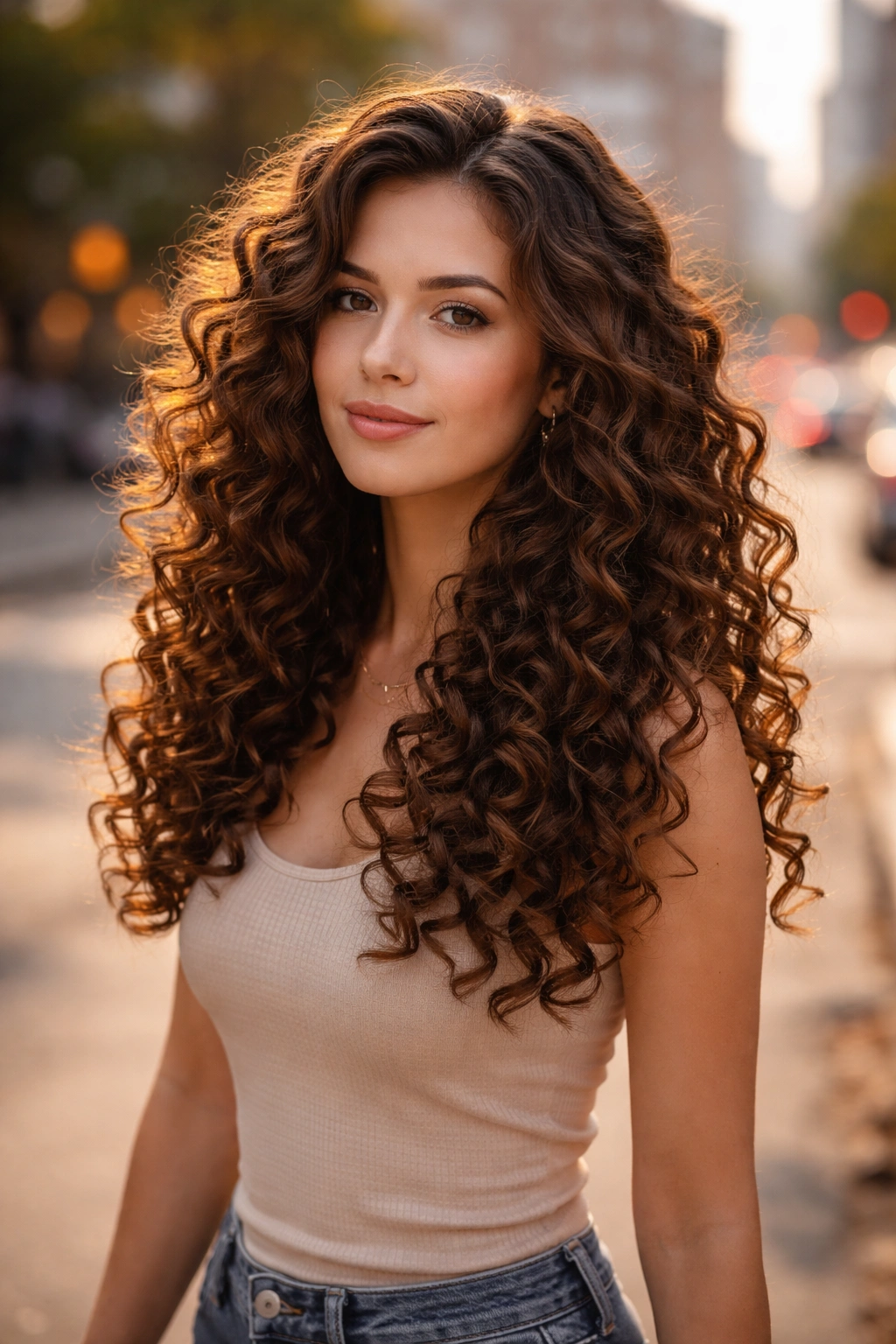 Brunette spiral curls with auburn highlights in golden hour street