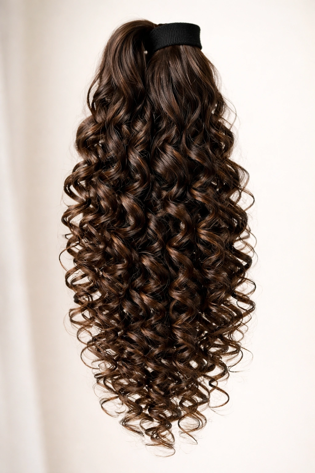 Close-up of glossy spiral curl ponytail extension with tight ringlets on a neutral studio backdrop