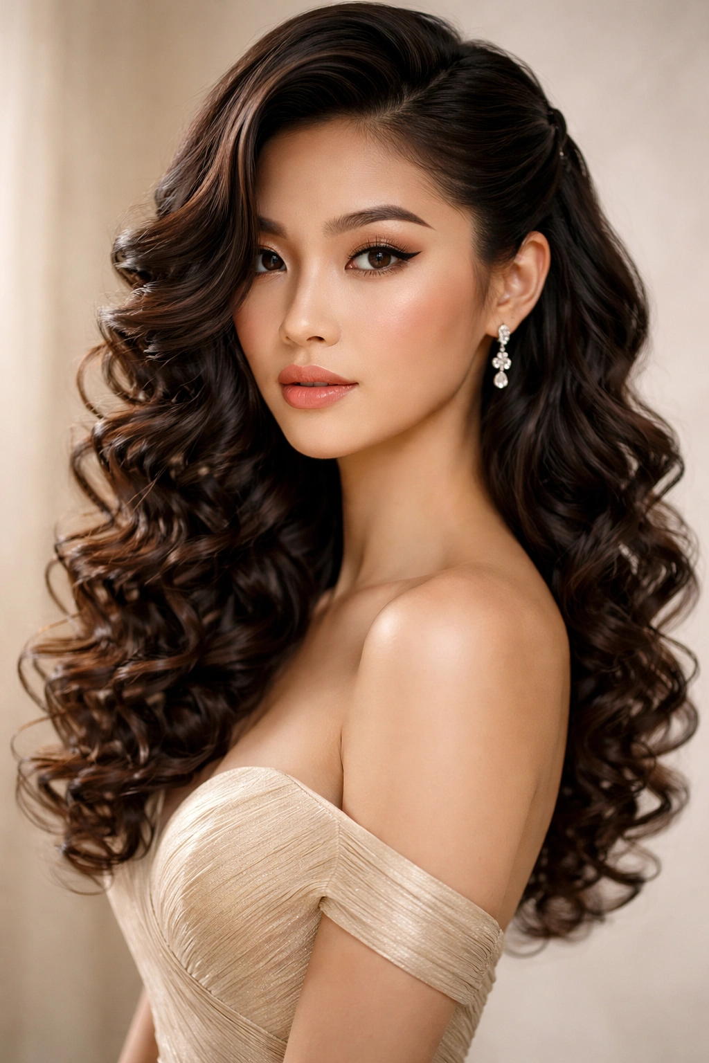 Spiral ringlets with a deep side part cascading over one shoulder