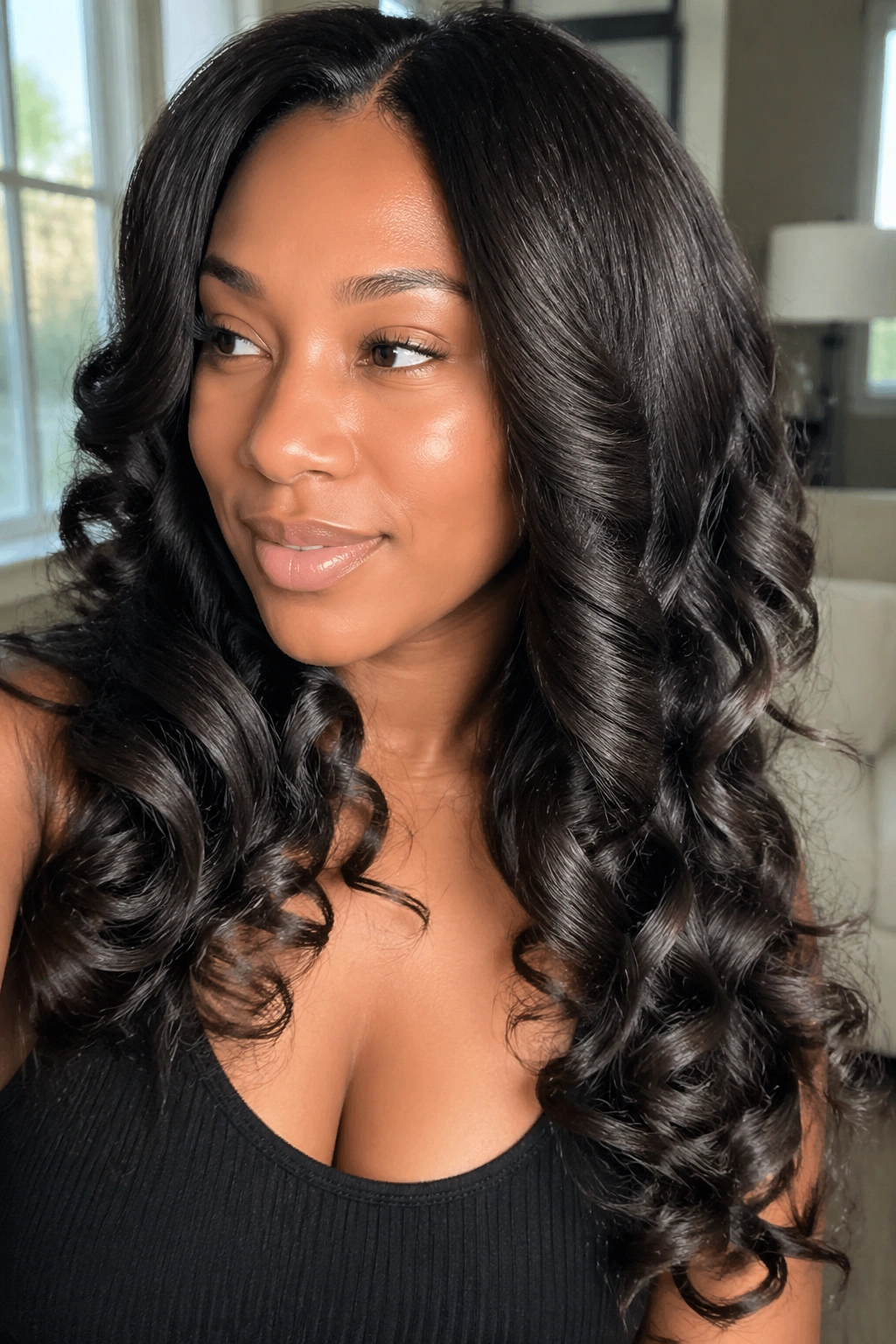 Close-up of a real woman with defined spiral curls on silk-pressed hair