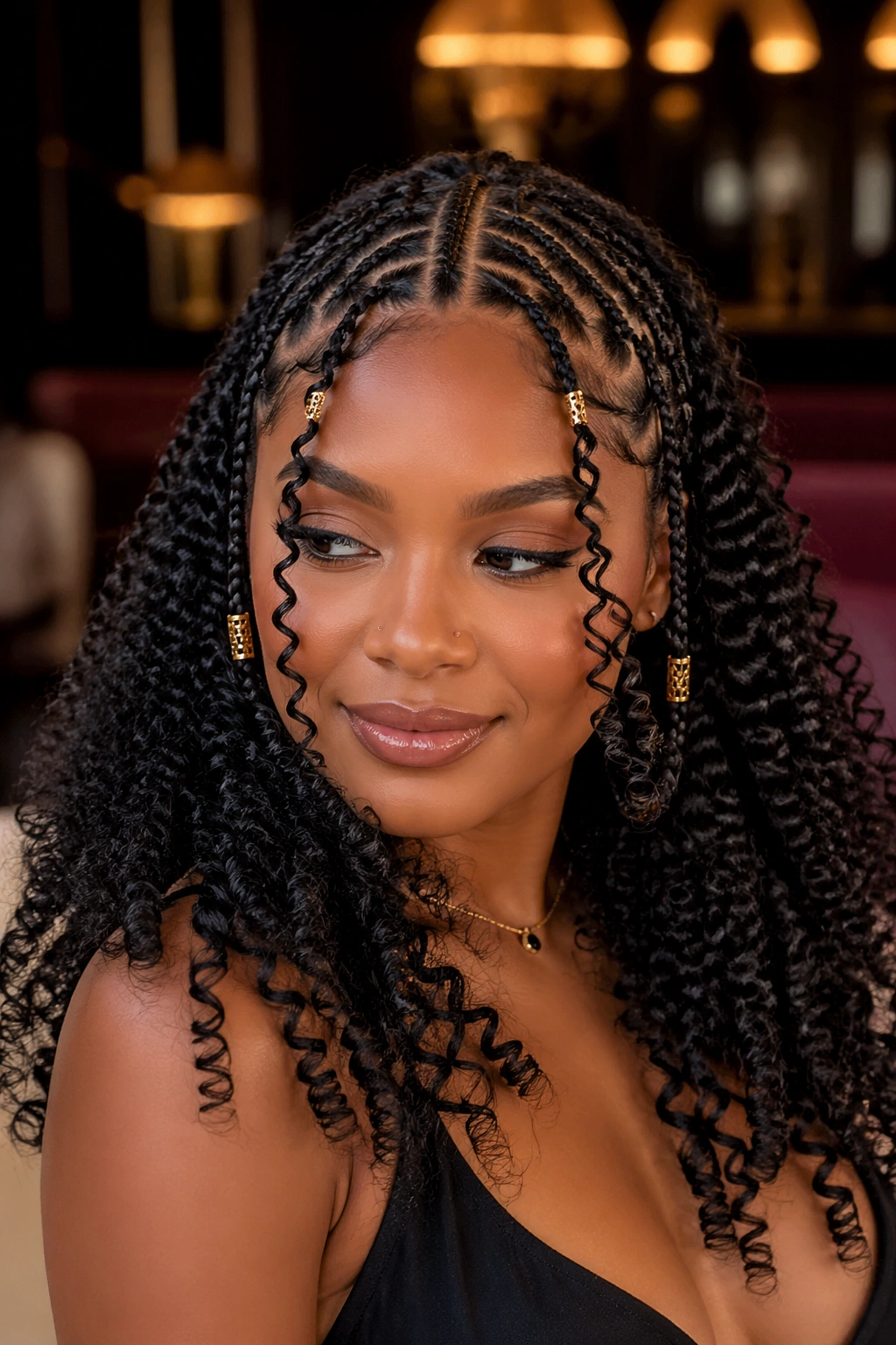 Portrait of a woman with spiral curls and Fulani cornrows in a warm lounge.