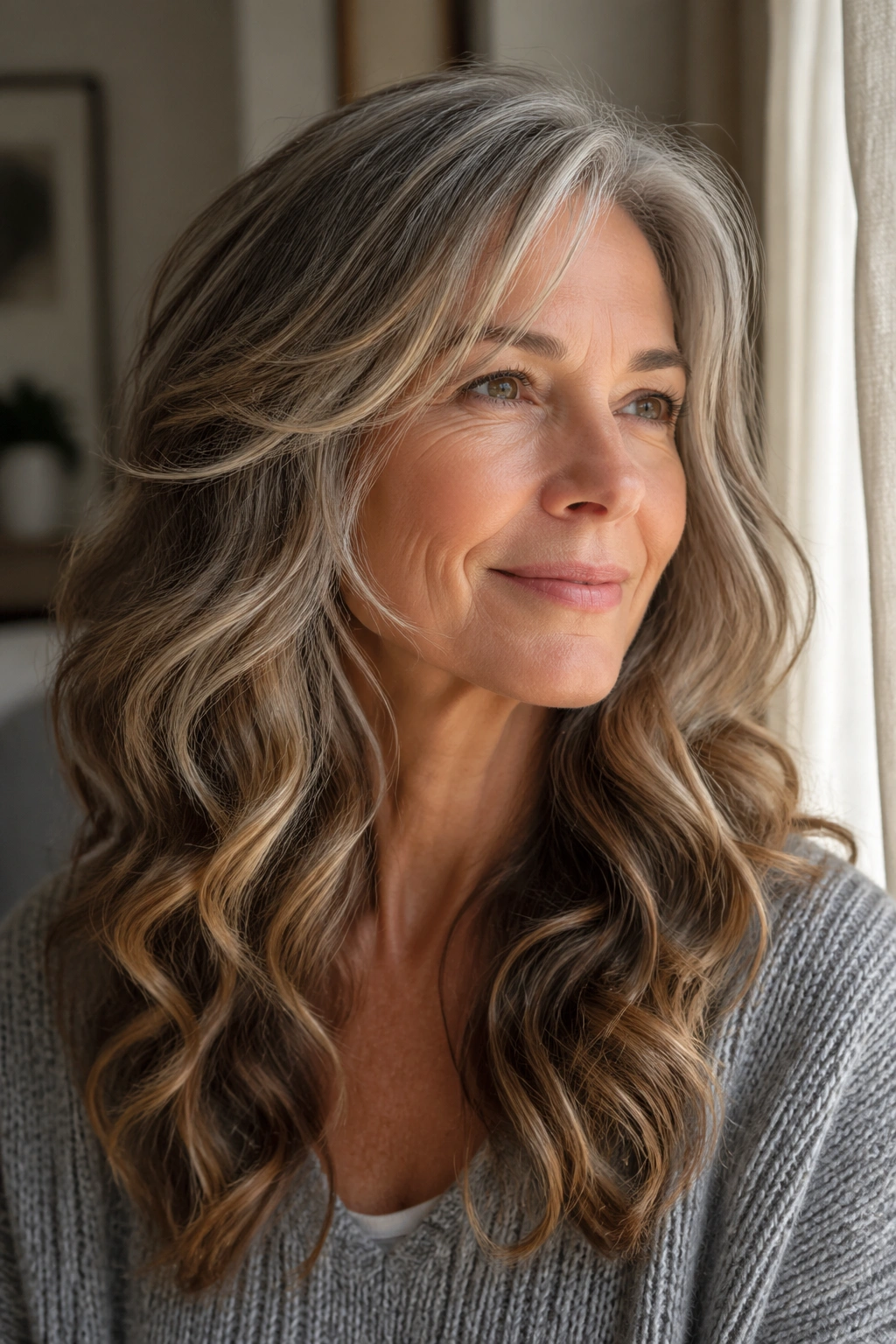 Close-up portrait of a real woman with loose spiral-wave layers below the shoulders.