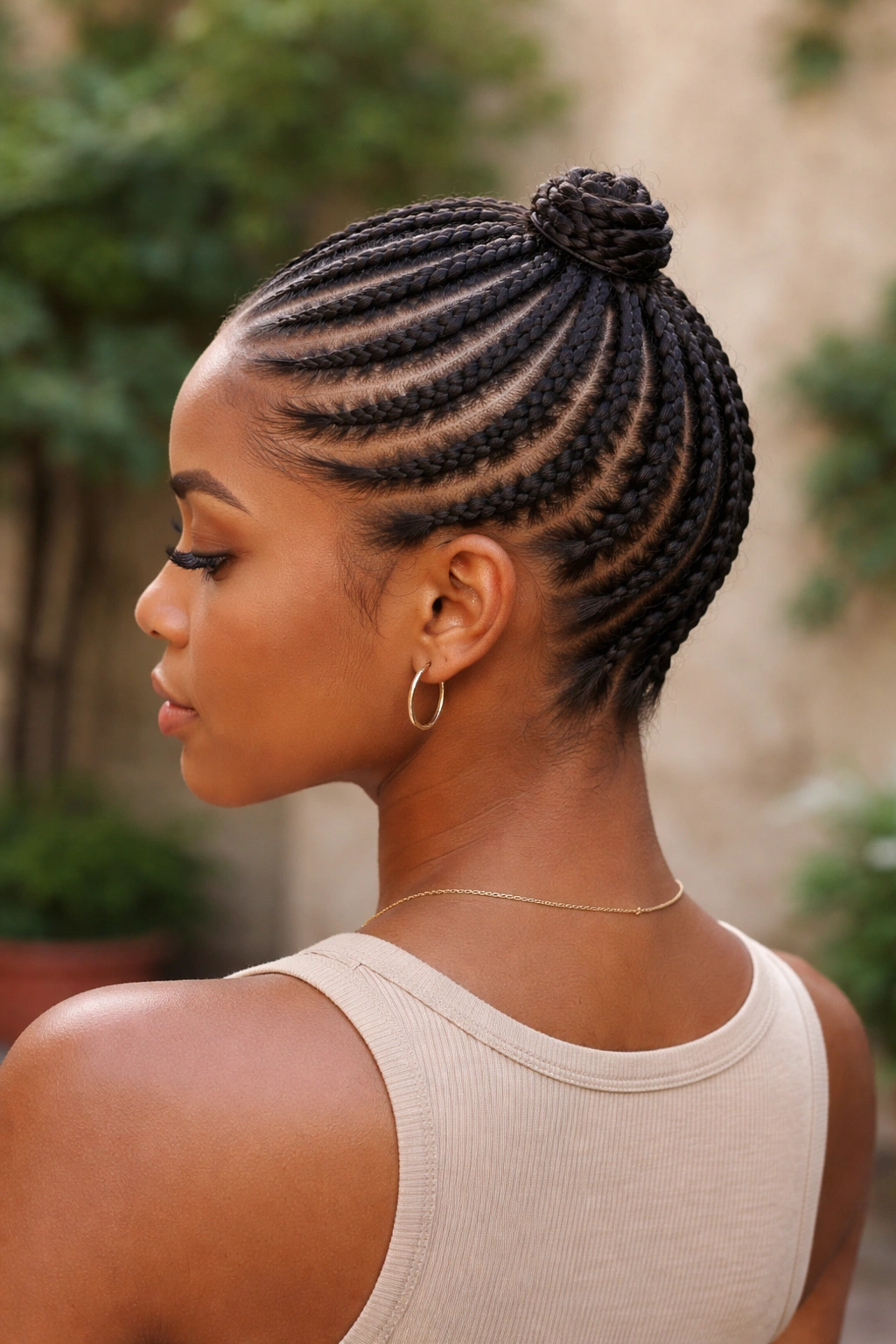 Real woman with spiraling cornrows meeting at crown point