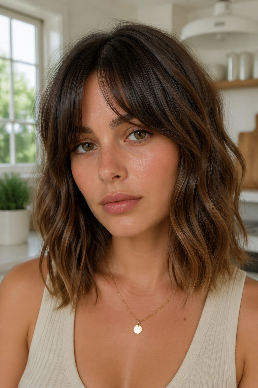 Close-up of split bangs over a wavy lob on a real woman