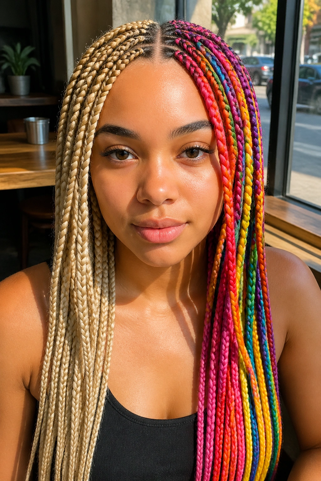 Close-up of a real person with split blonde and rainbow braids