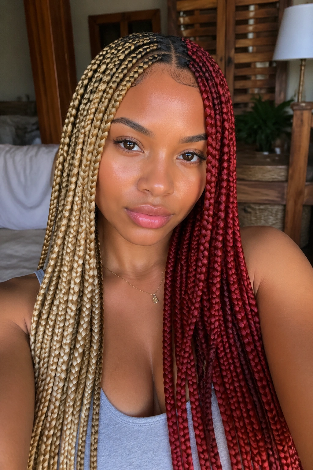 Close-up of real woman with split honey blonde and cherry red box braids