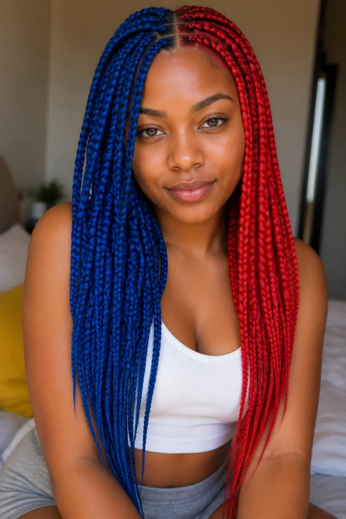 17 Blue and Red Box Braids