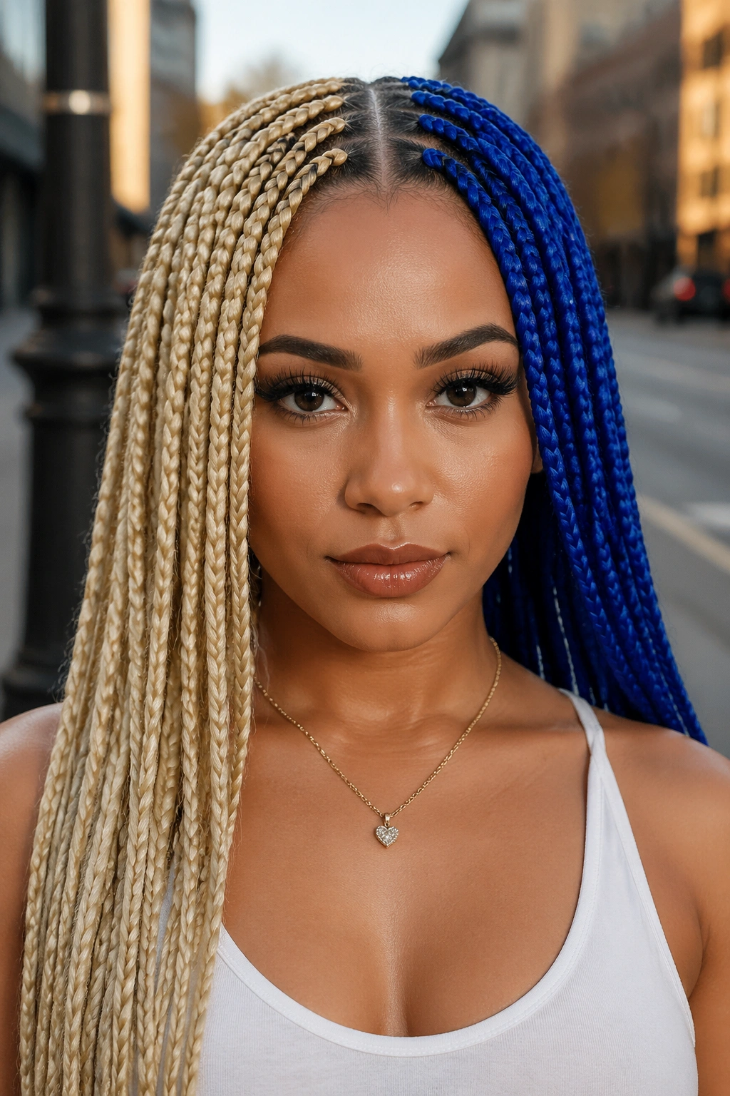 Close-up of a real person with split-color blonde and blue box braids along a center part.
