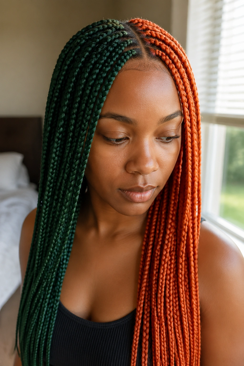 Portrait showing half green and half orange box braids with a strong center part