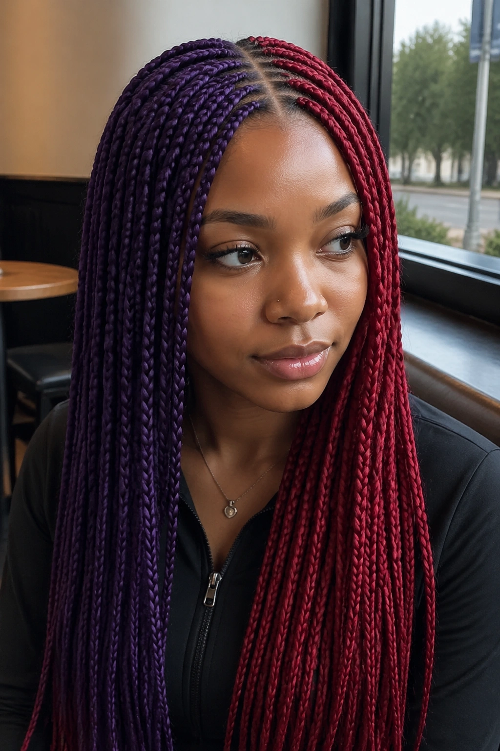 Close-up of a real person with split purple and red center-part box braids