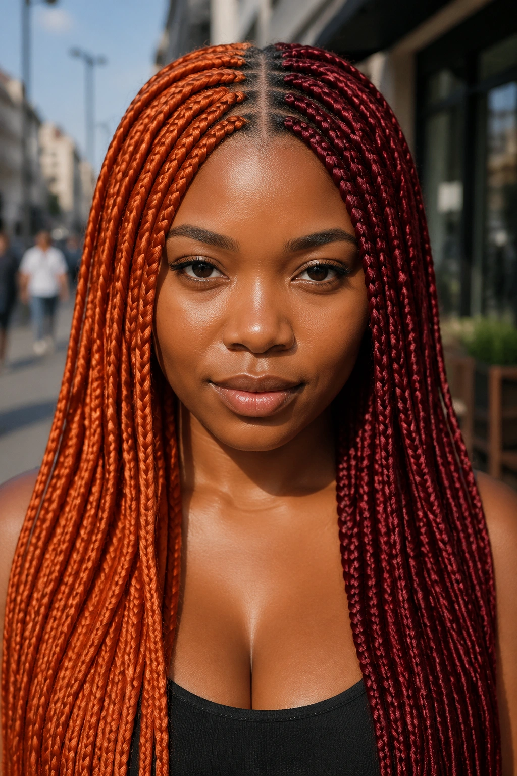 Close-up of split-dye orange and red box braids with a clean center line on a real person outdoors