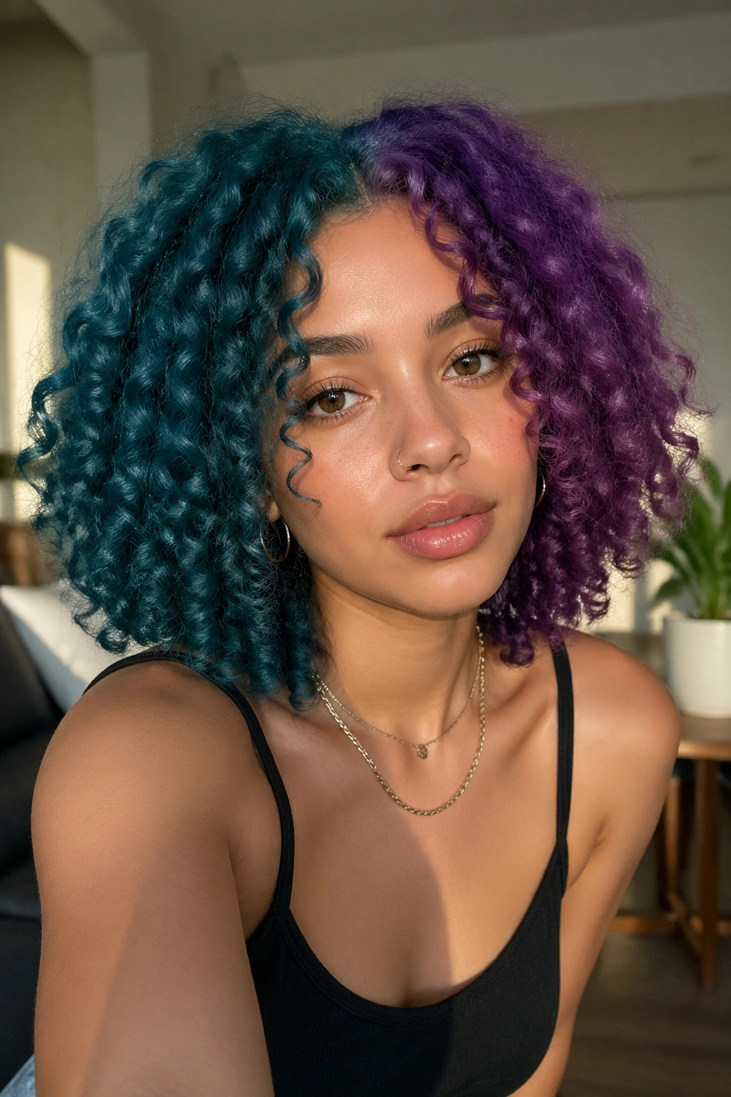 Close-up of a real person with teal and purple two-tone split dye on curly hair