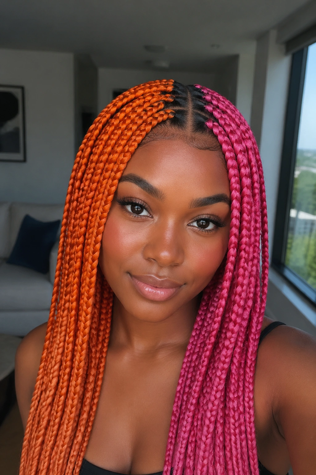 Close-up of split-dye orange and pink box braids with a precise center part on a real person