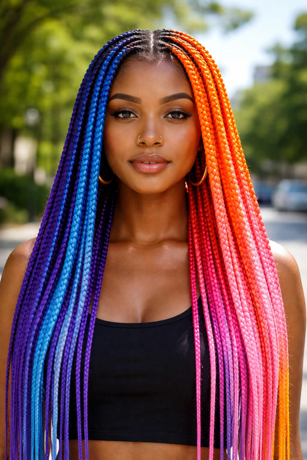 Front portrait of a real person with split-dye rainbow braids on both sides