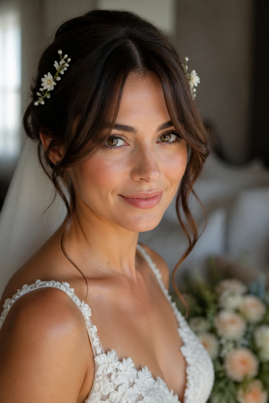Close-up bride with split fringe pinned with small floral accents in bridal suite