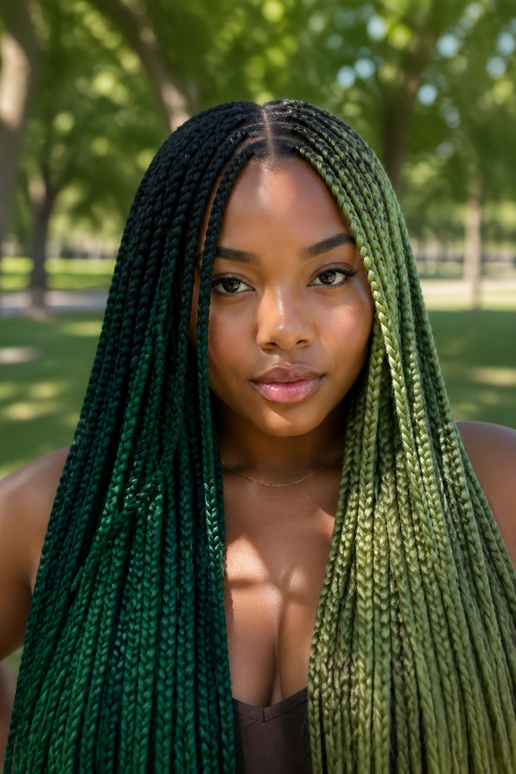 Portrait of a real woman with split-panel two-tone green box braids and a center part