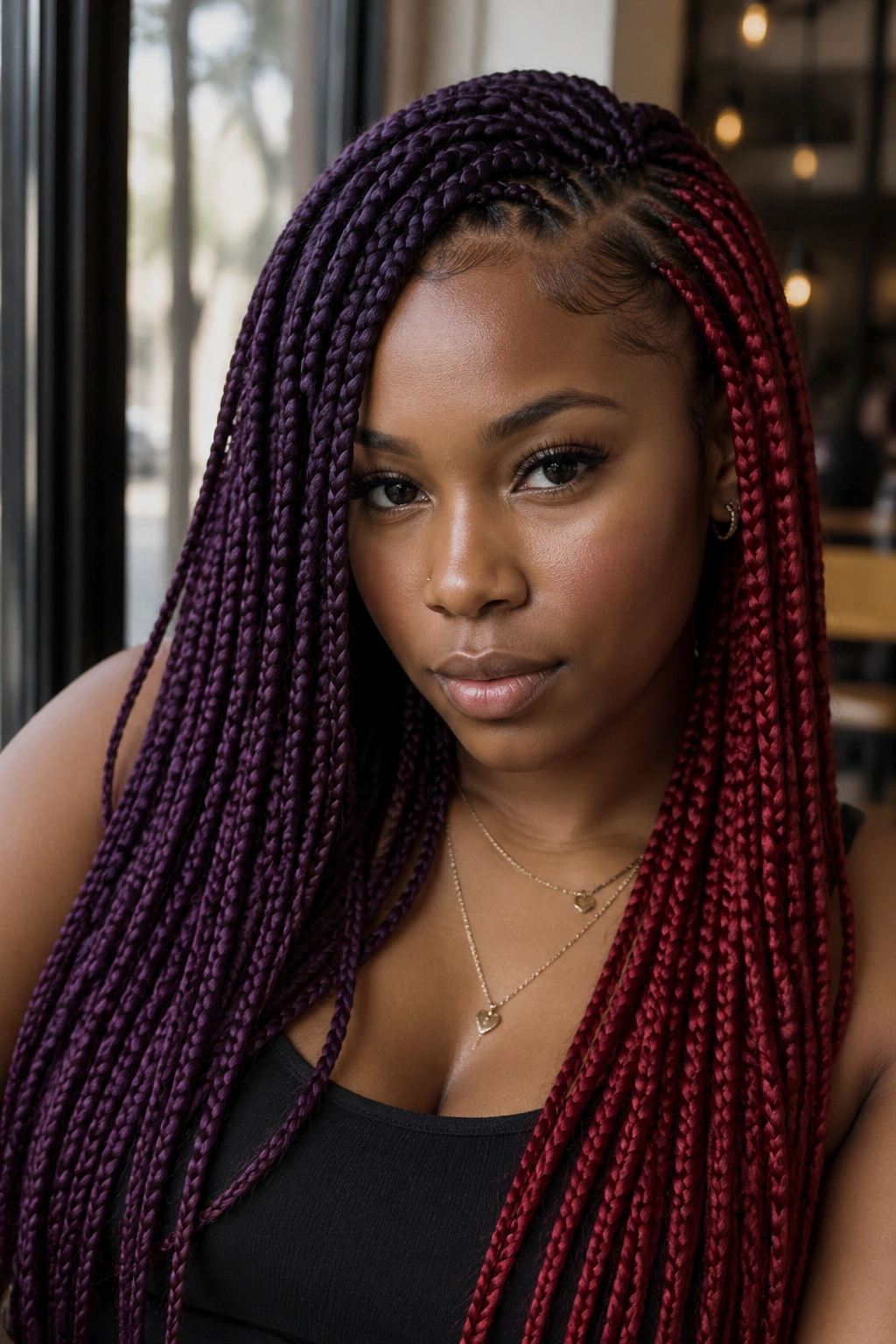 Real person with deep side-part split-panel braids in plum and scarlet.