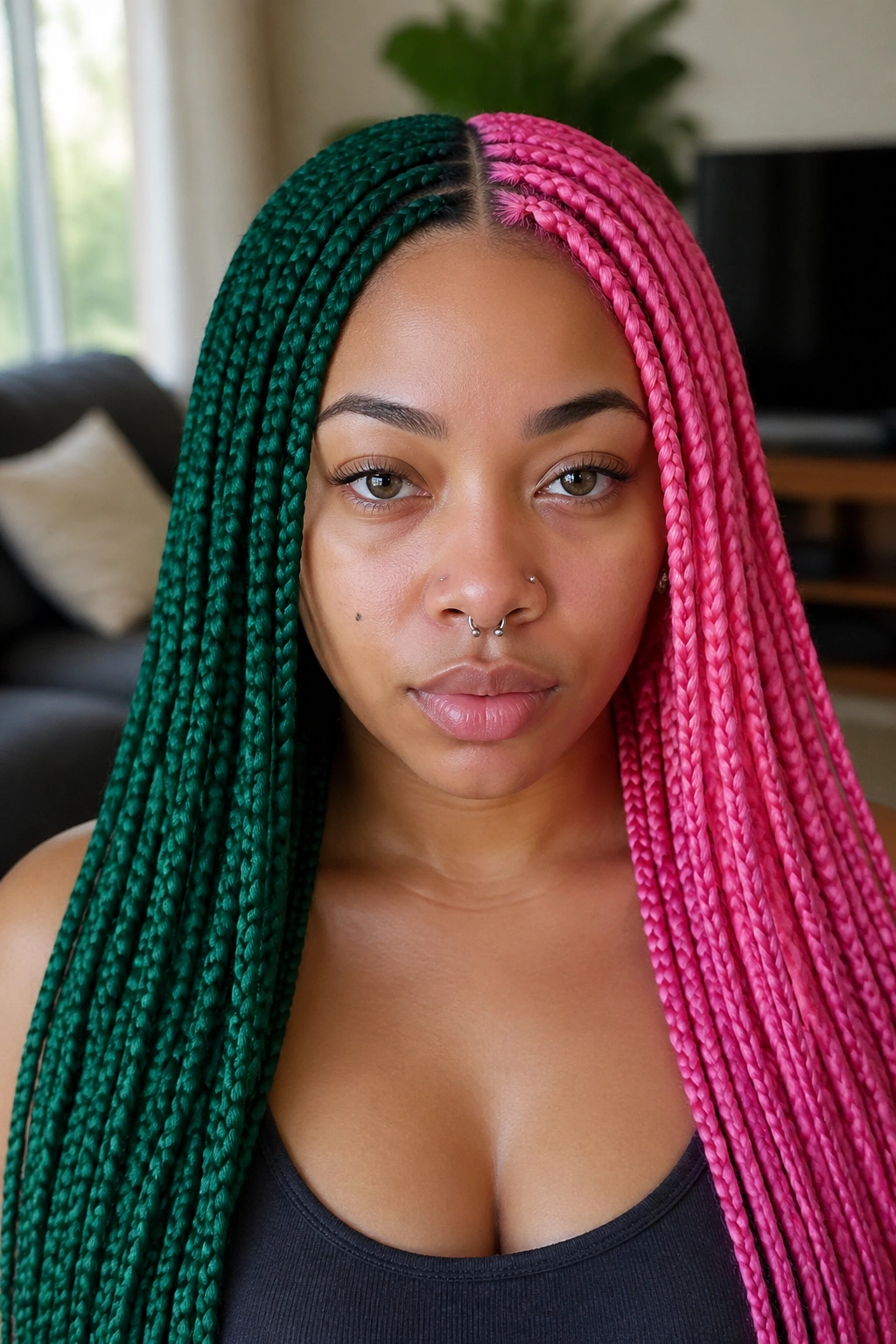 Close-up of split-screen green and pink box braids on a real person