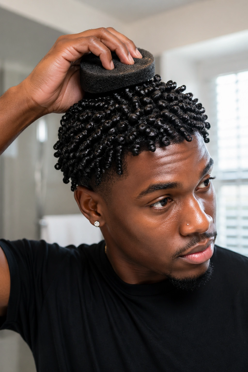 Close-up of a real person with sponge-created circular coils in damp hair.
