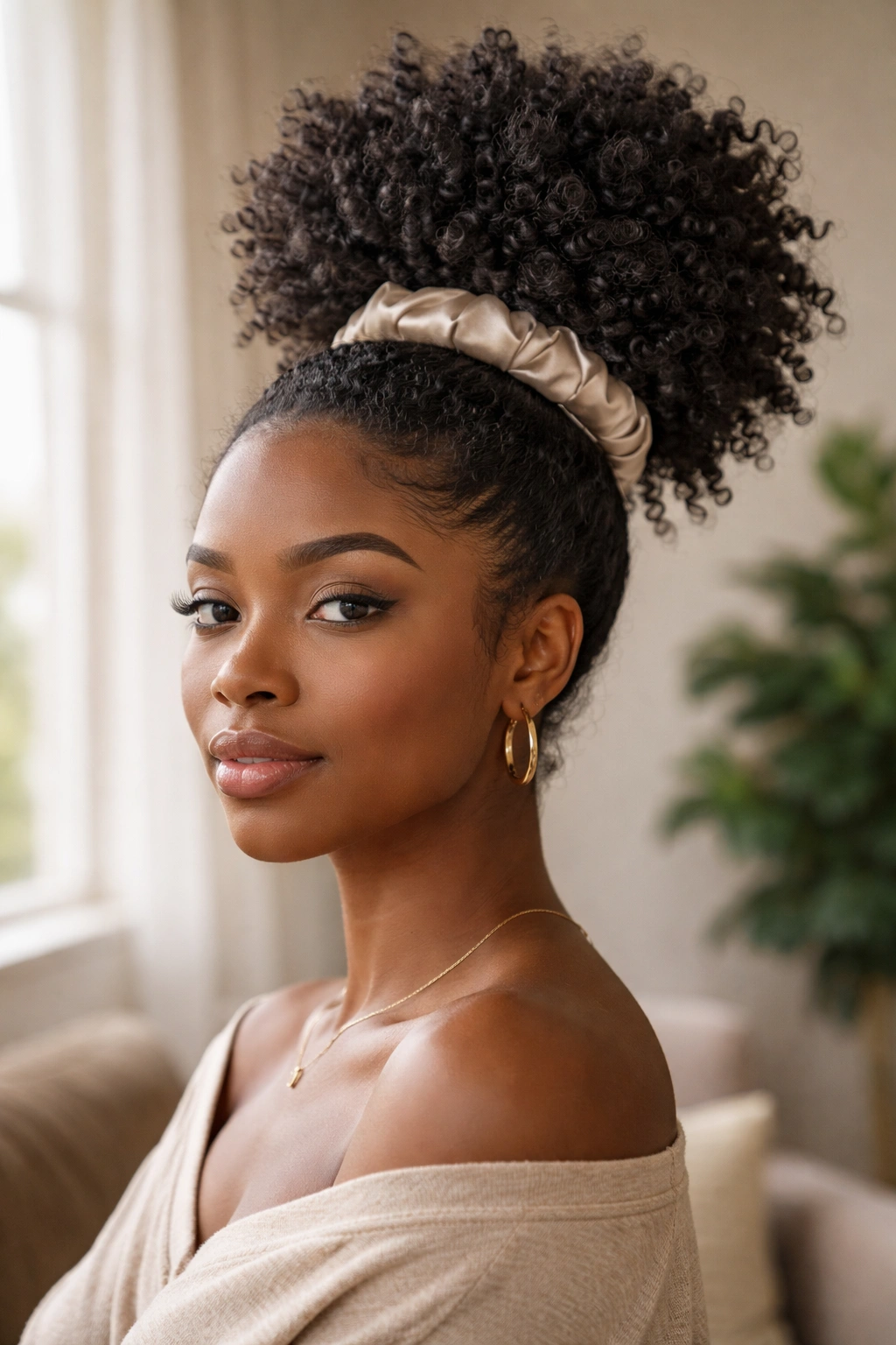 Real person with a sponge-defined coil puff held high with a satin scrunchie