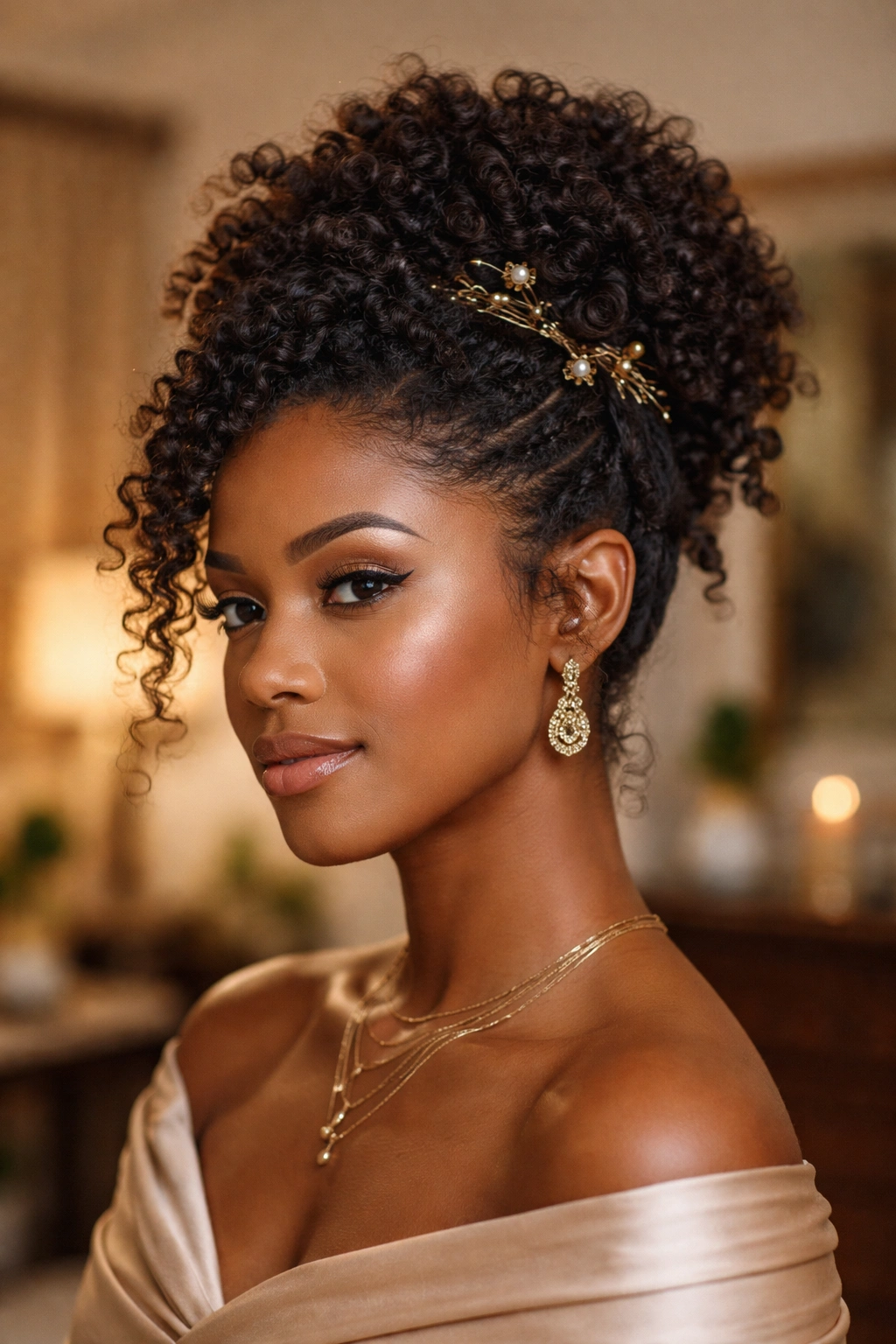 Real woman in a textured sponge curl updo with visible coils and decorative pins.