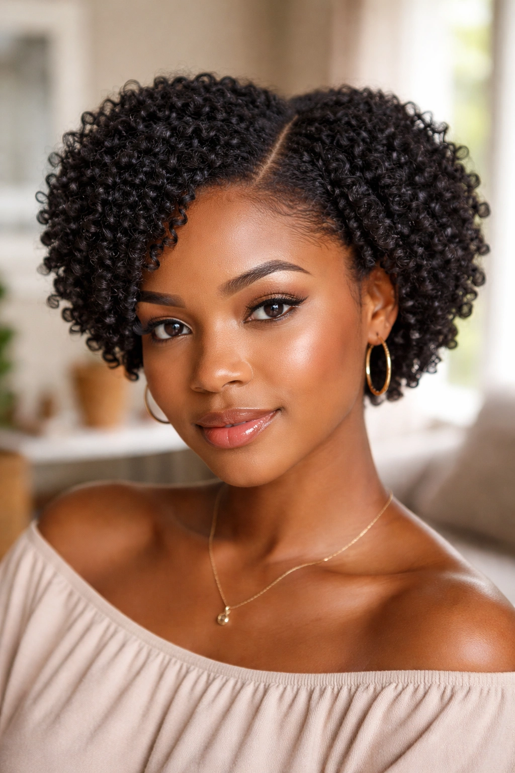 Close-up portrait of a woman with a defined side part and sponge curls on both sides.