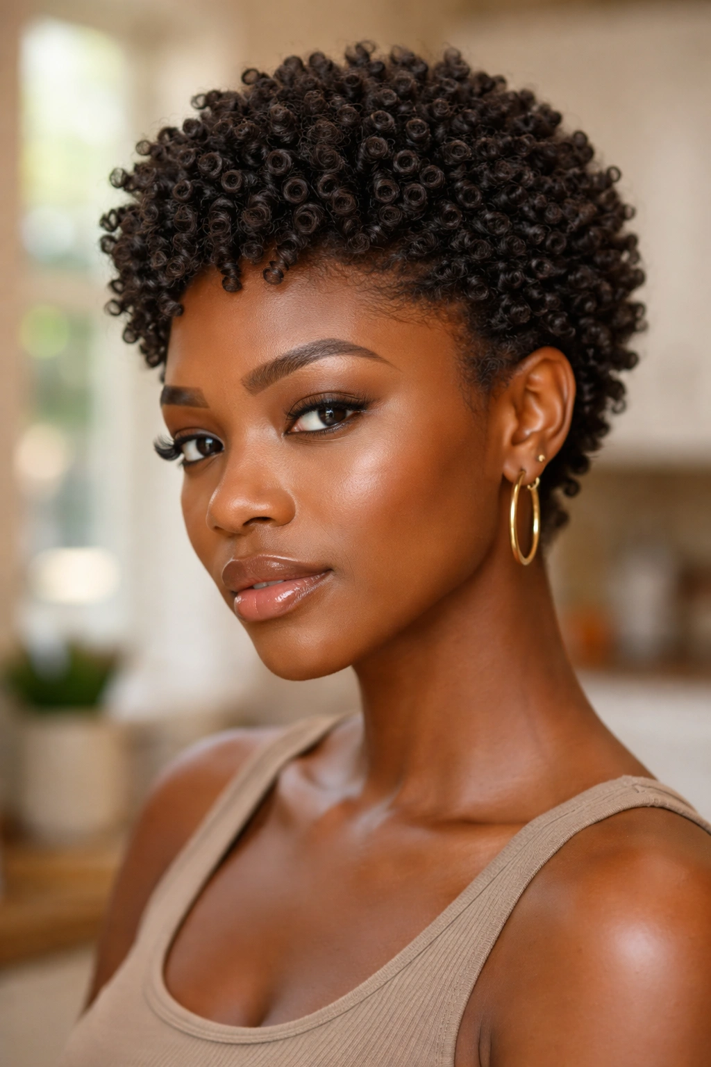 Close-up of real person with circular sponge curls on tight textures in natural light