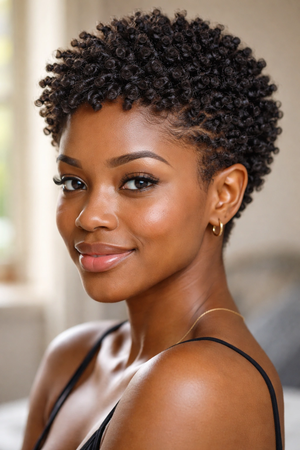 Portrait of a real woman with defined sponge curls in natural light