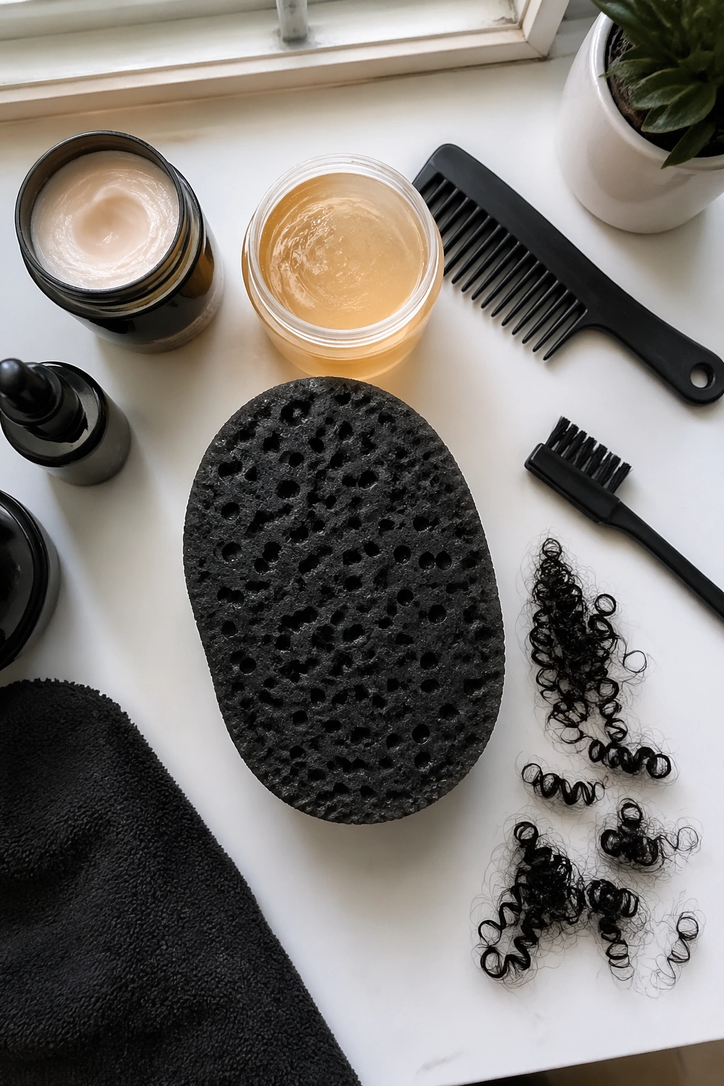 Overhead flat-lay of sponge-set tools and hair texture on vanity