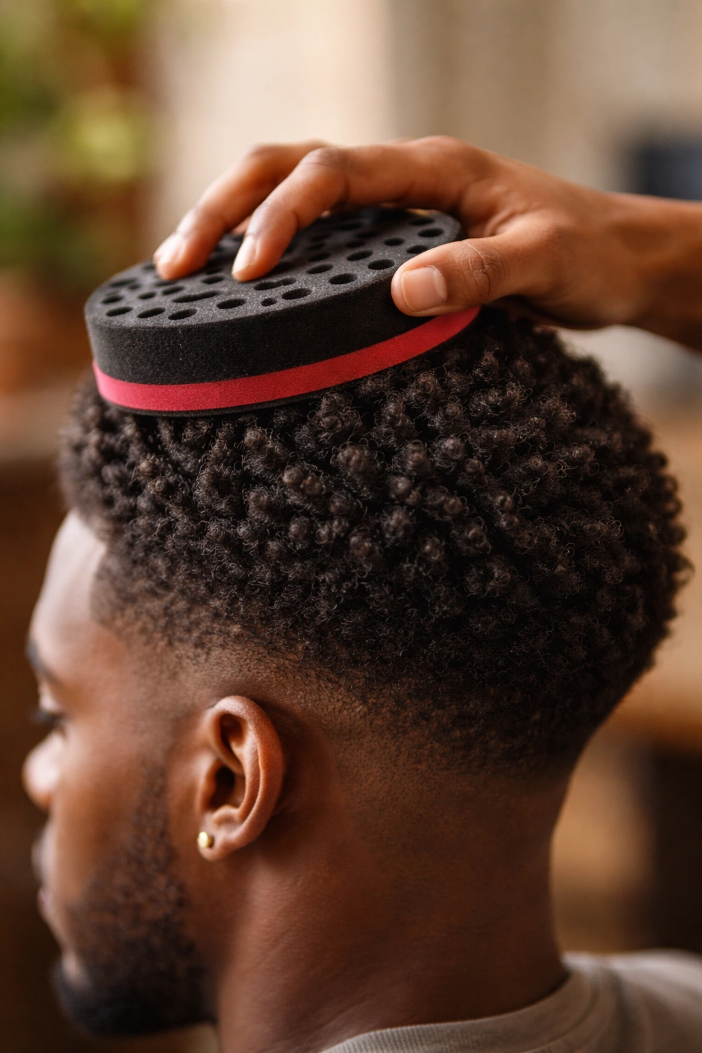 Hands using curl sponge on real hair showing technique