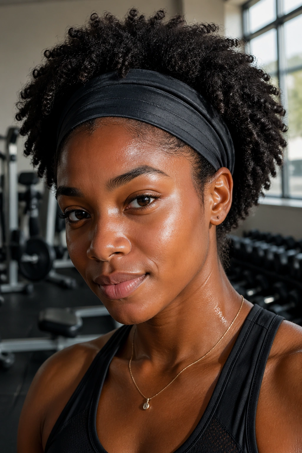 Real woman wearing a wide sports headband on Afro hair in gym setting.