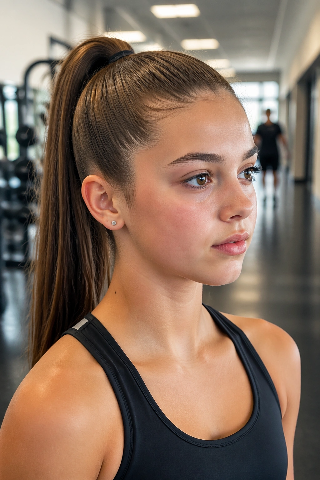 Close-up of a real student with a sports-luxe high ponytail in a gym-like hallway