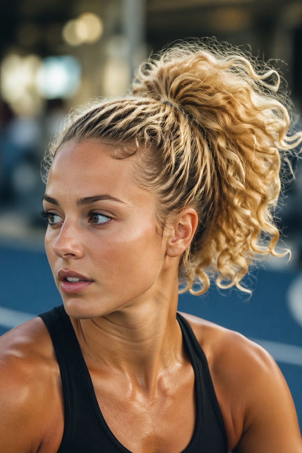 Real woman with sporty curly blonde ponytail in a bright gym setting