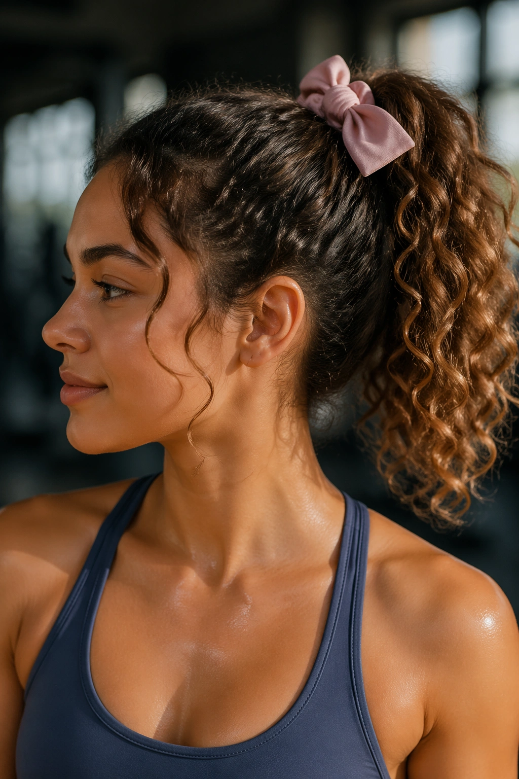 Close-up of sporty curly ponytail with scrunchie-bow hybrid on a real woman
