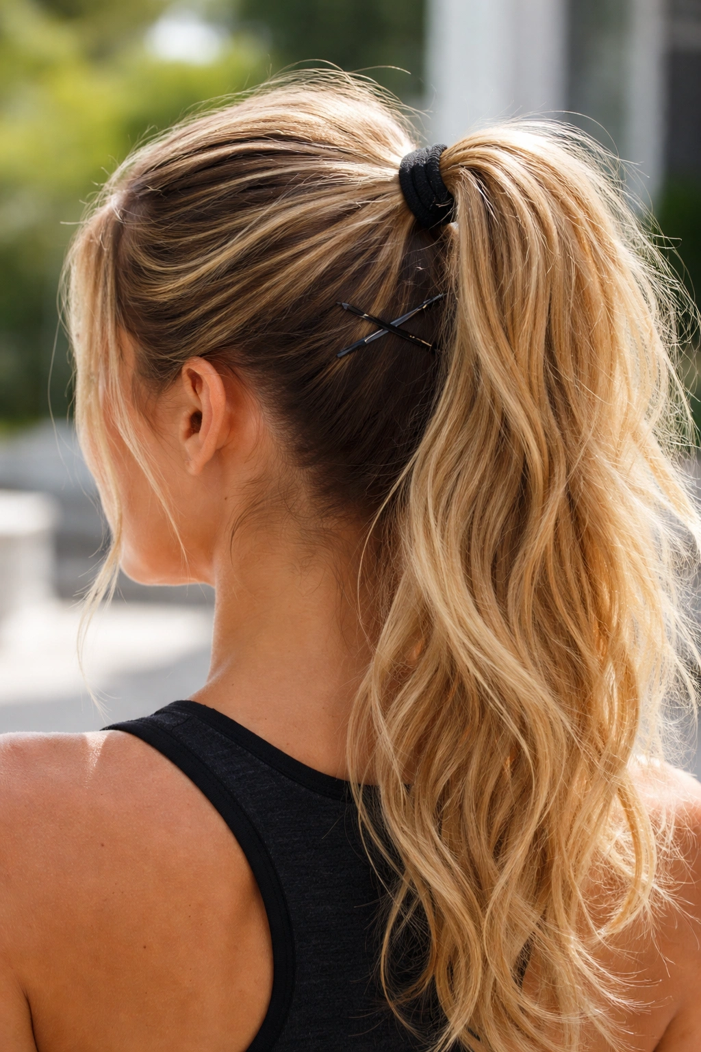 Close-up of sporty half up ponytail with strong elastic and underside pins