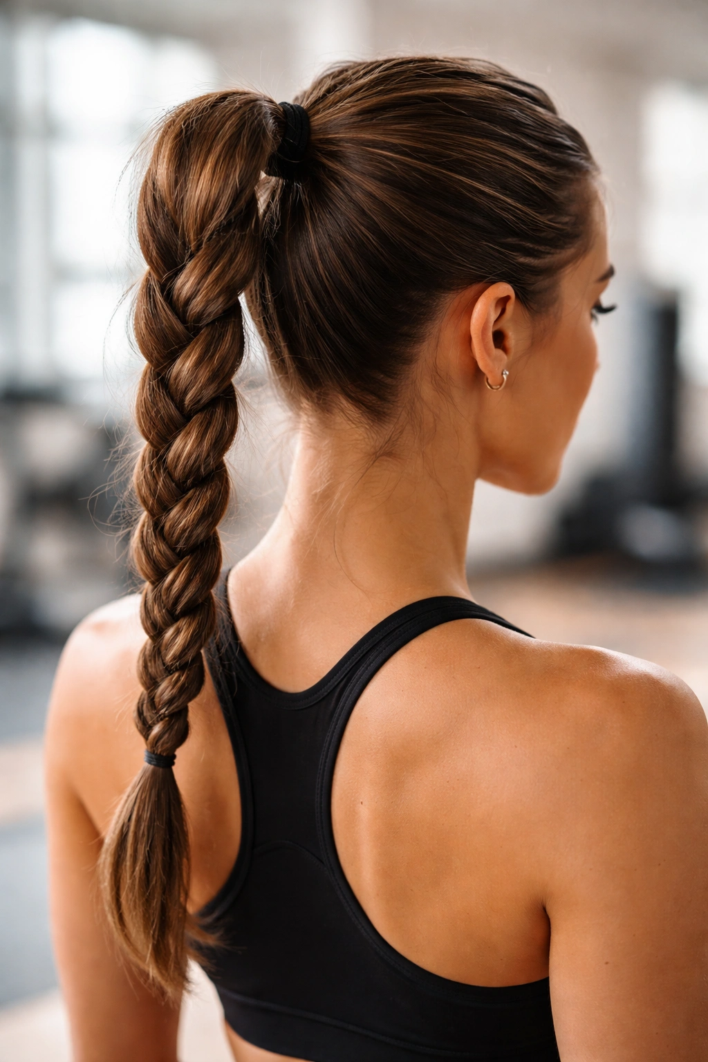 Sporty high braided ponytail with high crown and braided tail