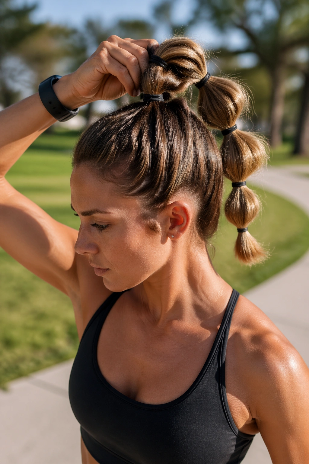 Real woman with sporty high bubble ponytail in park