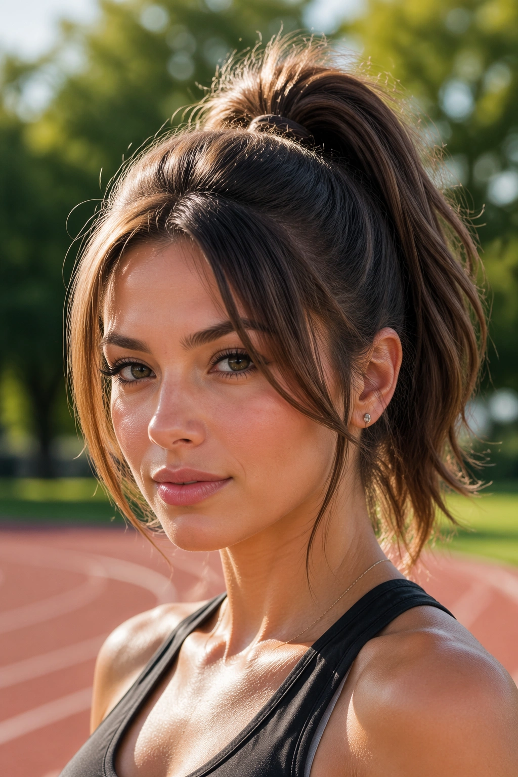 Close-up of a real woman with a high ponytail and puffed crown with soft curtain bangs.