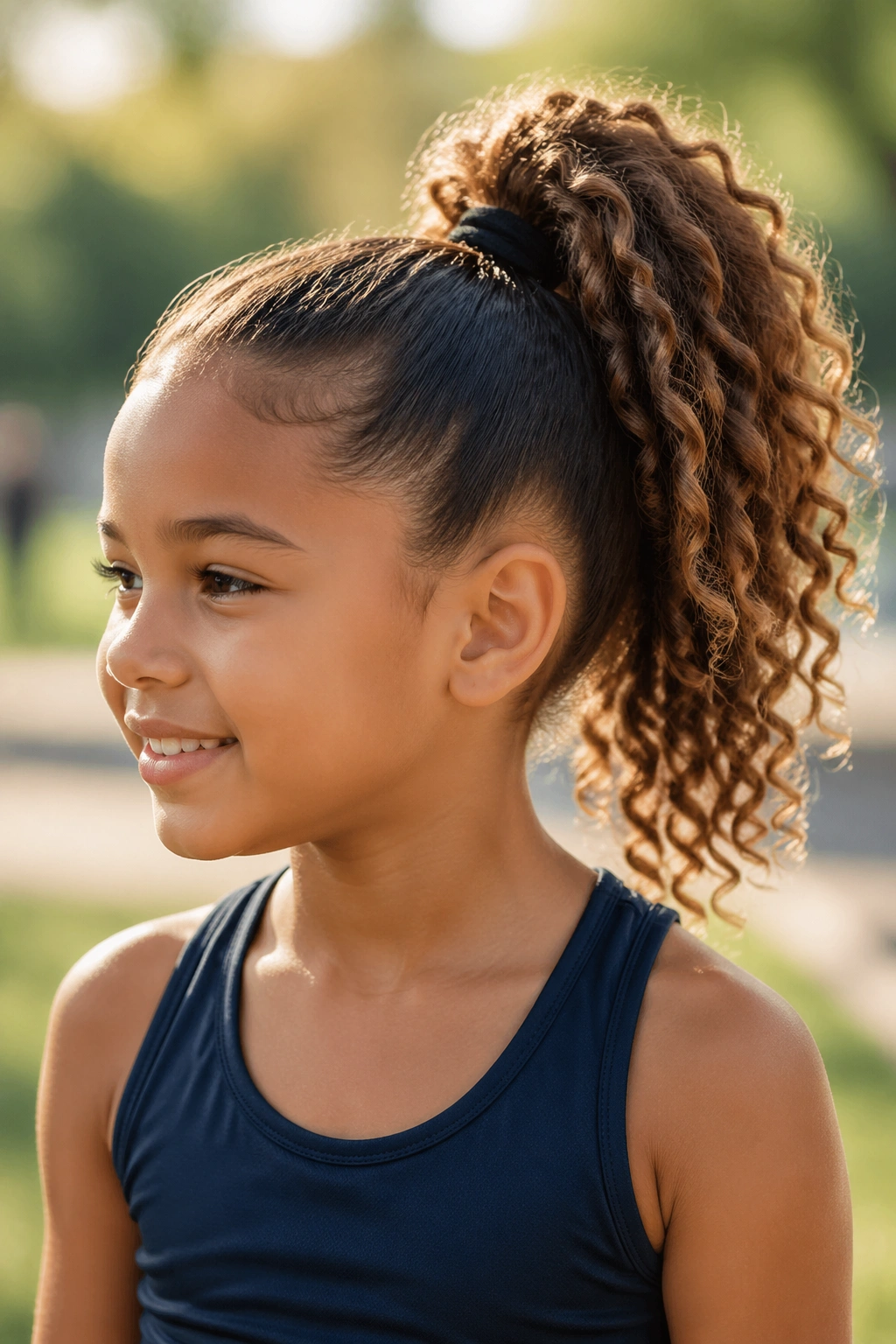 Close-up of a real child with a high ponytail, curly hair bouncing in a sunny park