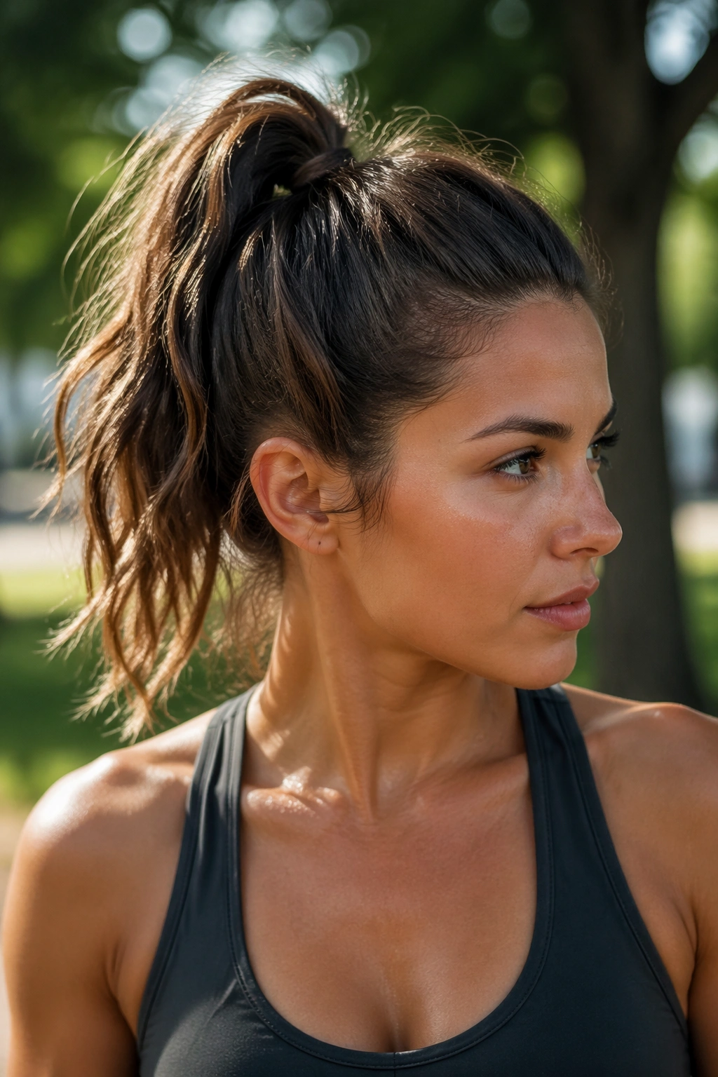 Close-up of a person with a sporty high ponytail