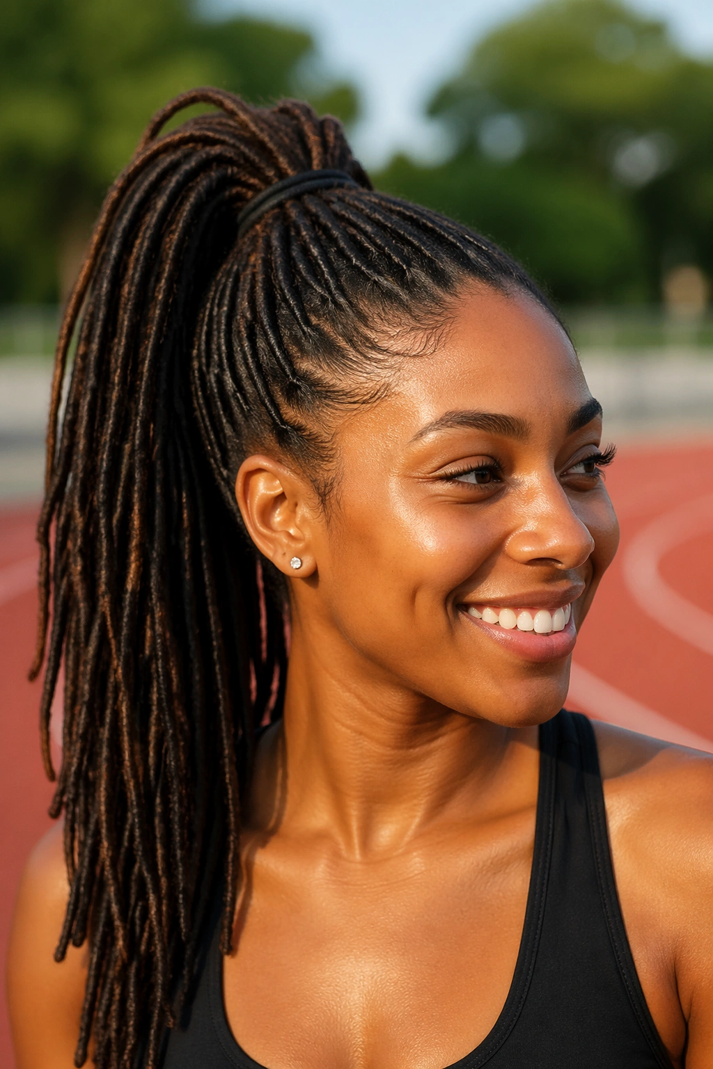 Close-up of a real woman with a sporty high ponytail on an outdoor track.