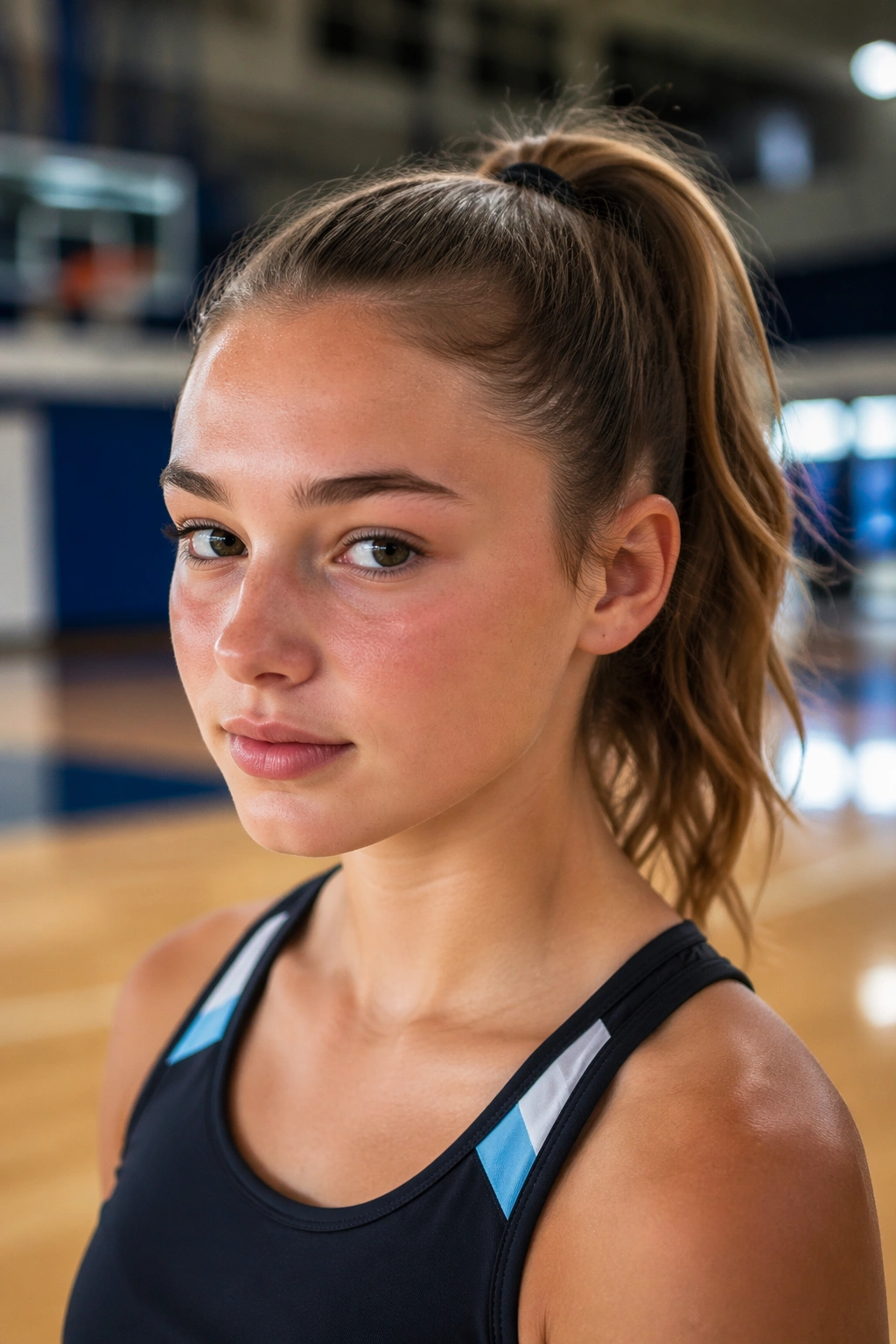 Teen girl with a sporty mid-height ponytail in a gym setting.