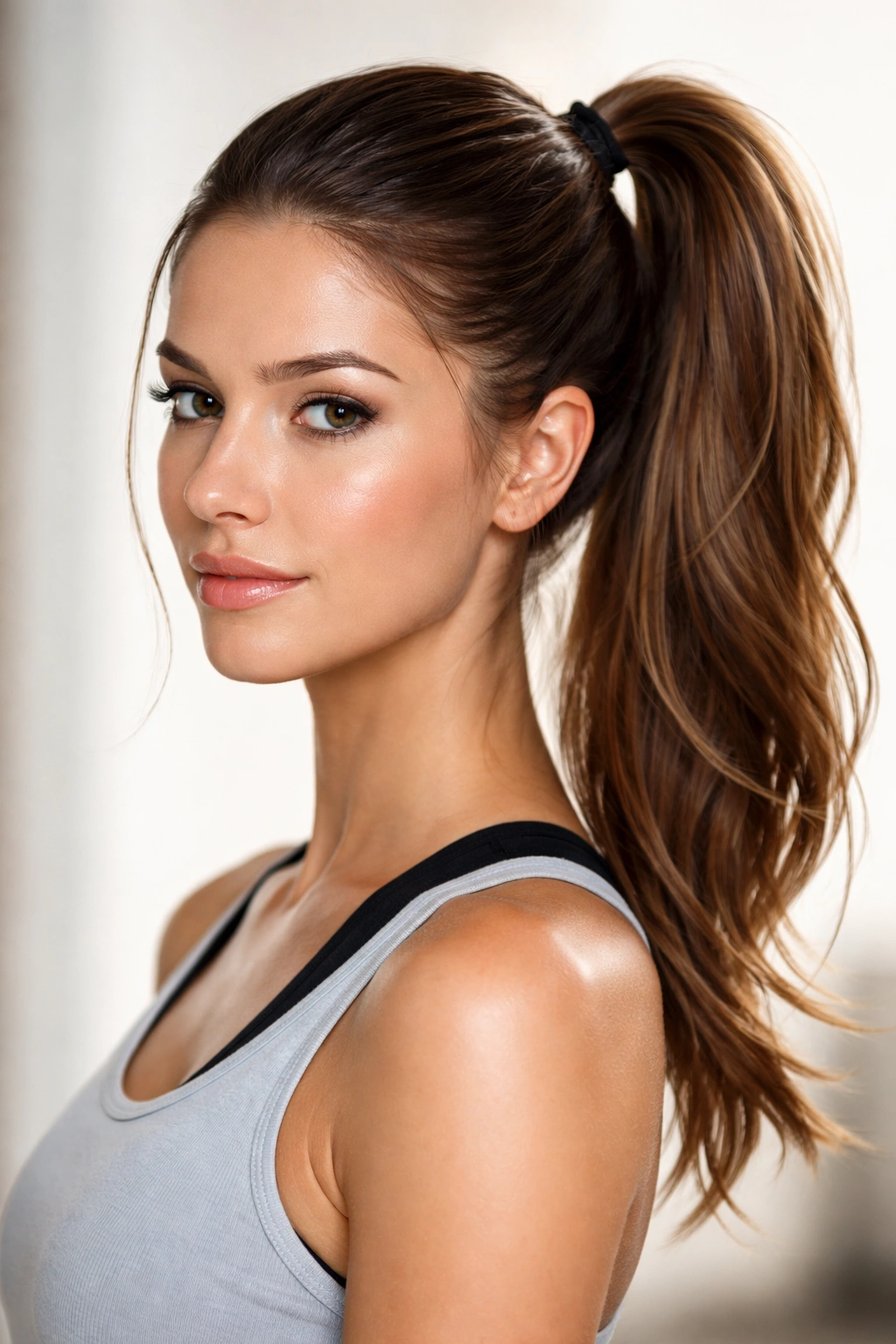 Sporty side ponytail secured high with gel along the hairline