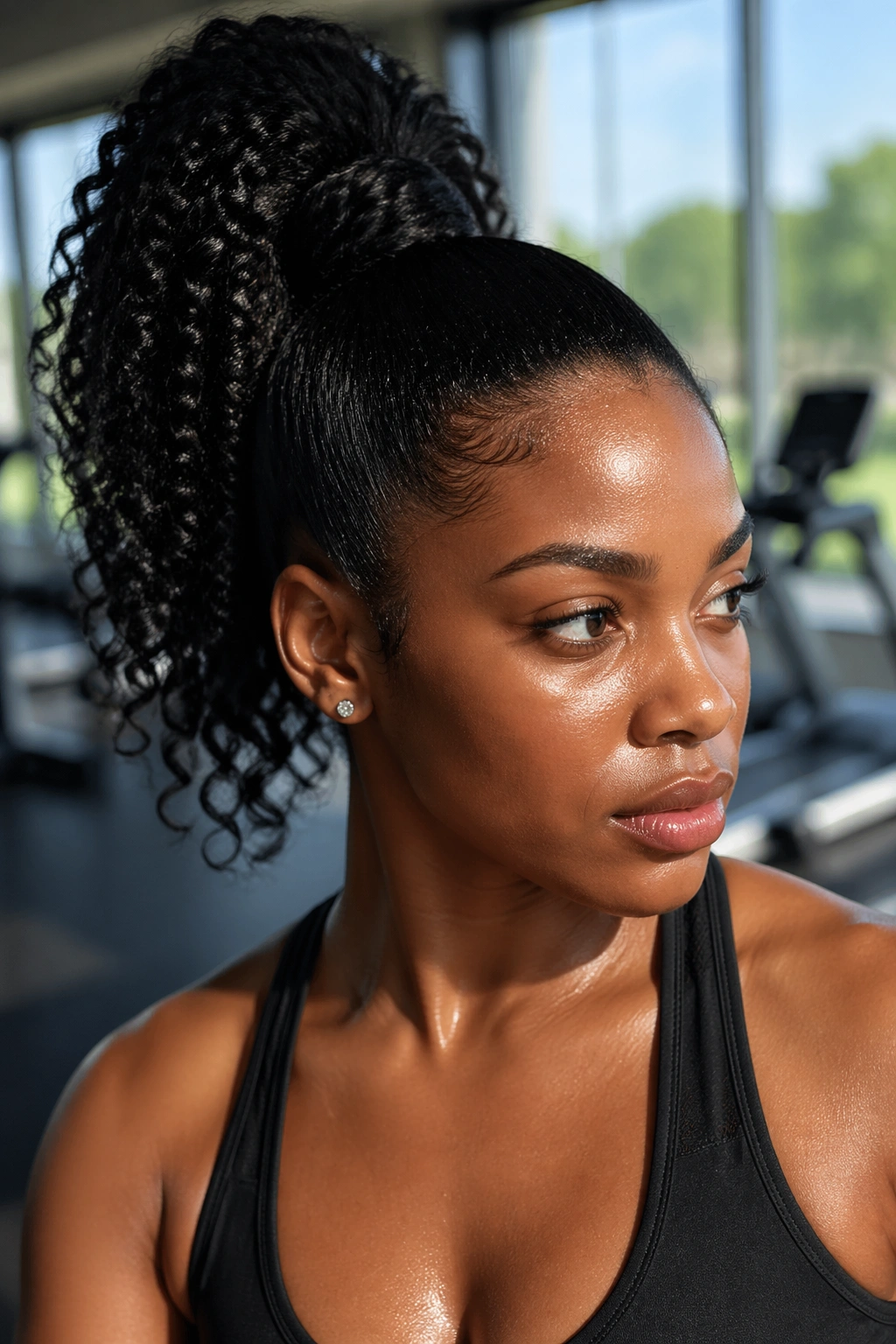 Portrait of a real woman with a sporty high ponytail in a gym setting