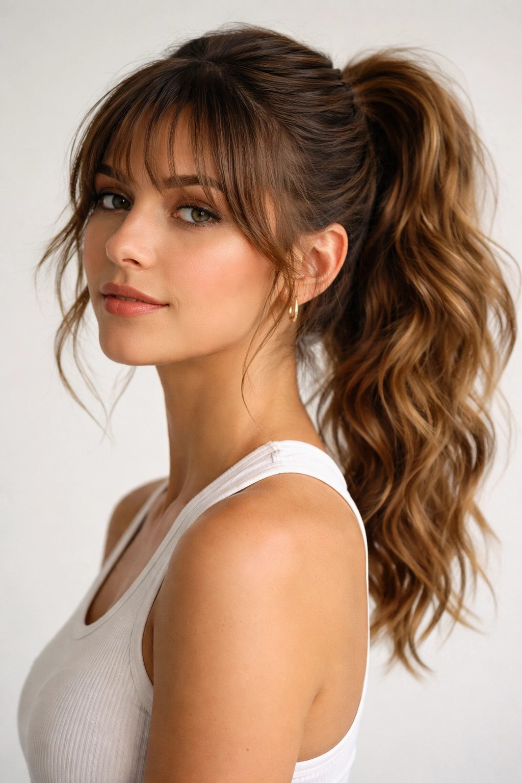Close-up of a sporty ponytail with piecey bangs on a neutral studio backdrop