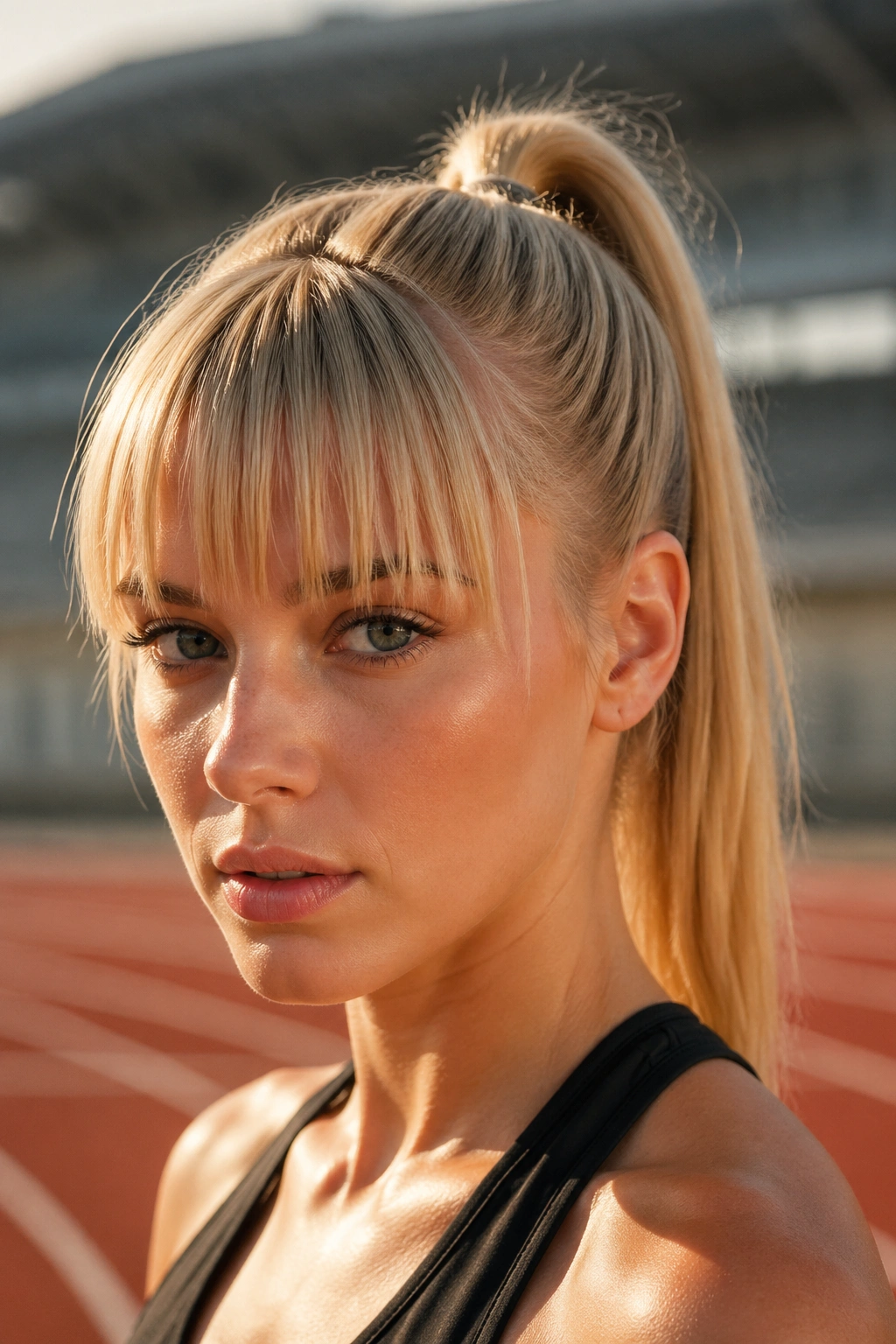 Close-up of a real woman with blunt bangs and a high sporty blonde ponytail on a track.