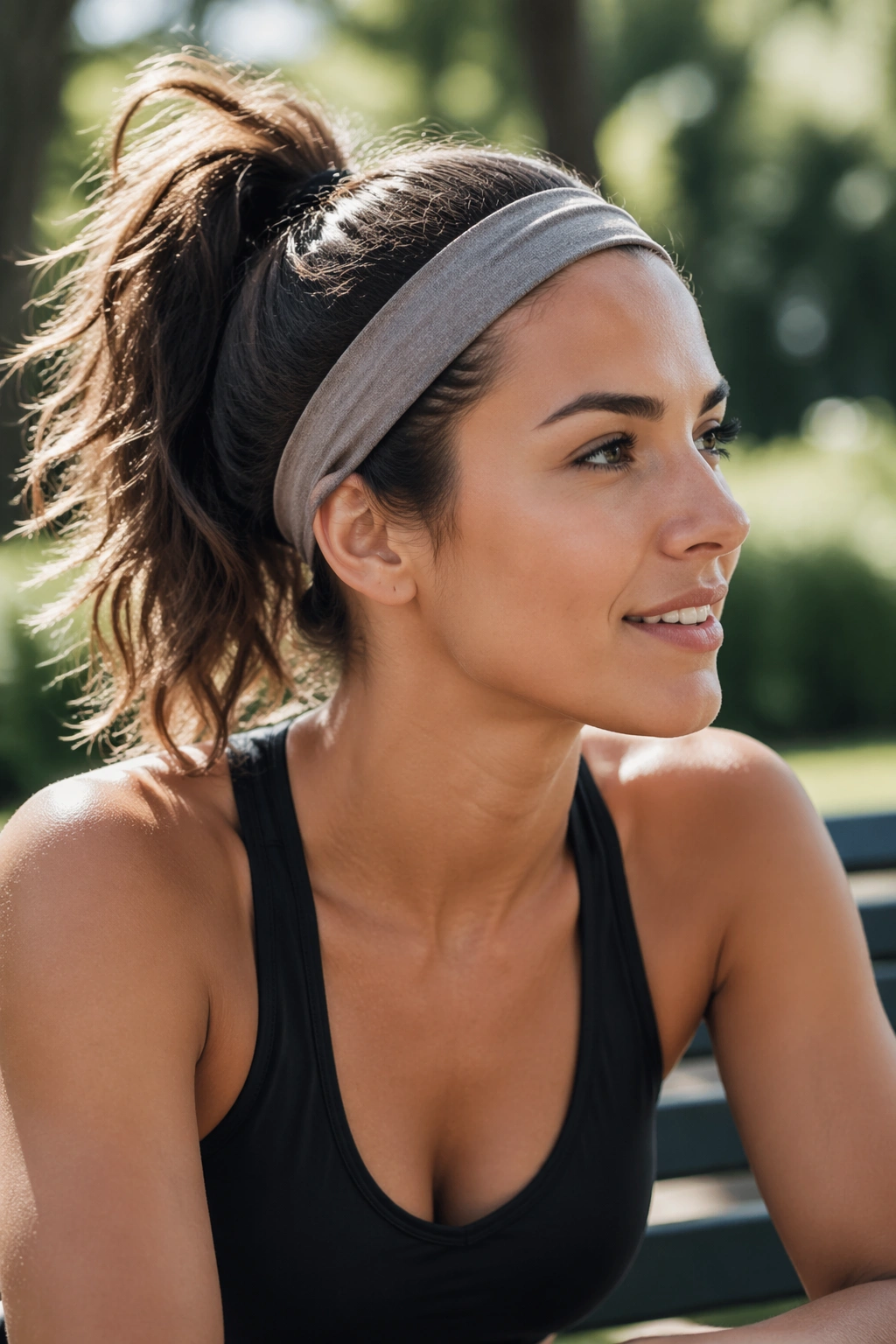 Close-up of a real woman's mid ponytail with a headband