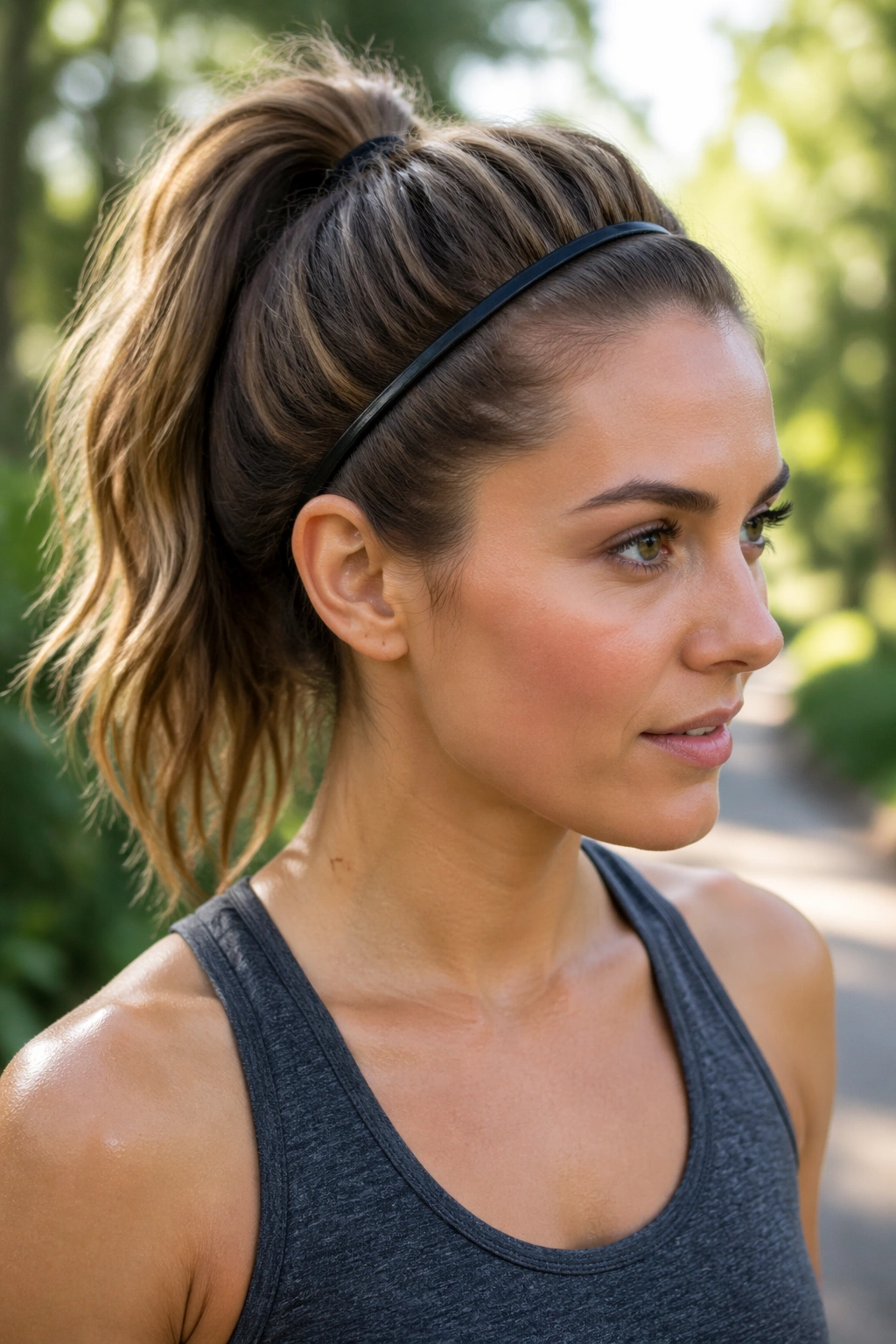Real woman with sporty high ponytail and headband in an outdoor park.