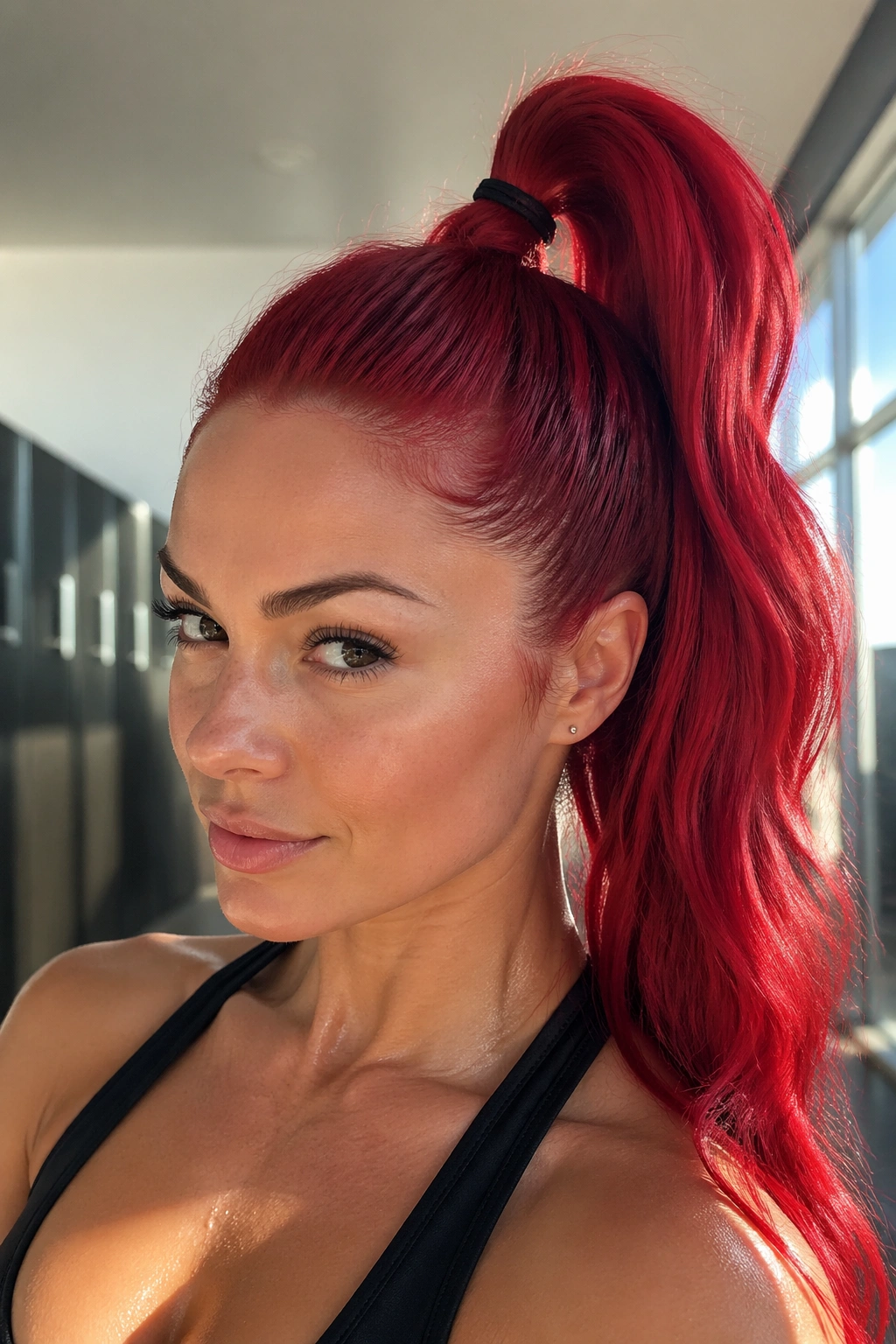Close-up of a real person with a sporty high snatched red ponytail in a gym setting