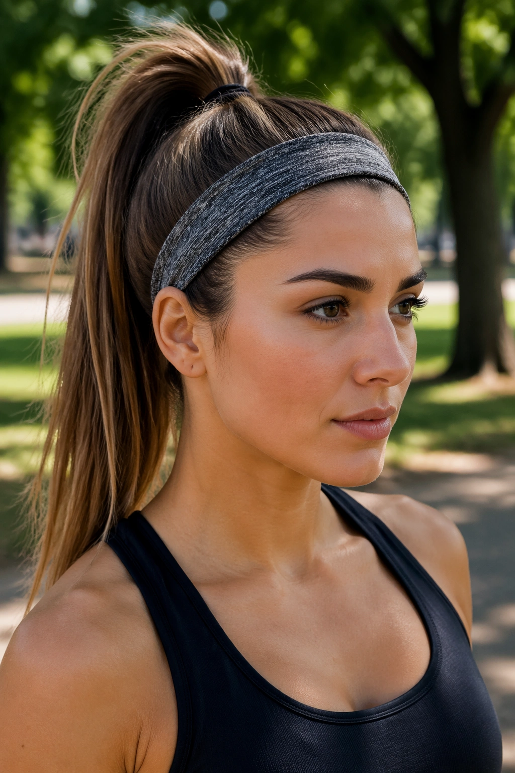 Close-up portrait of a real woman wearing a sporty high ponytail with a stretch headband to keep hair off the face, outdoors on a park path.